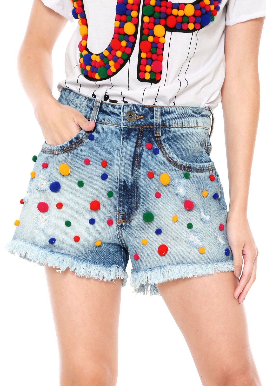Short Jeans My Favorite Thing(s) Hot Pant Pompom Azul - Compre