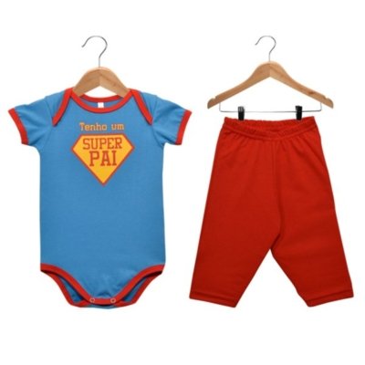 Kit Body Manga Curta e Calça Nigambi Super Pai Azul e Vermelho Menor preço em Kit Body Manga Curta e Calça Nigambi Super Pai Azul e Vermelho