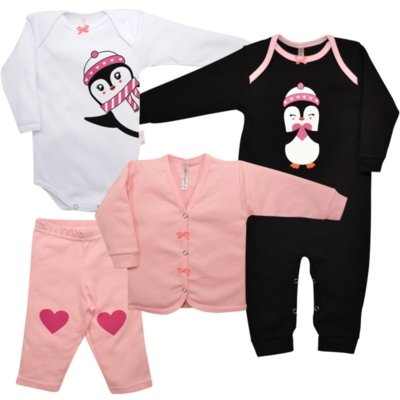 Kit Macacão, Cardigan, Body e Calça Nigambi Pinguinzinha Rosa, Branco e Preto Menor preço em Kit Macacão, Cardigan, Body e Calça Nigambi Pinguinzinha Rosa, Branco e Preto