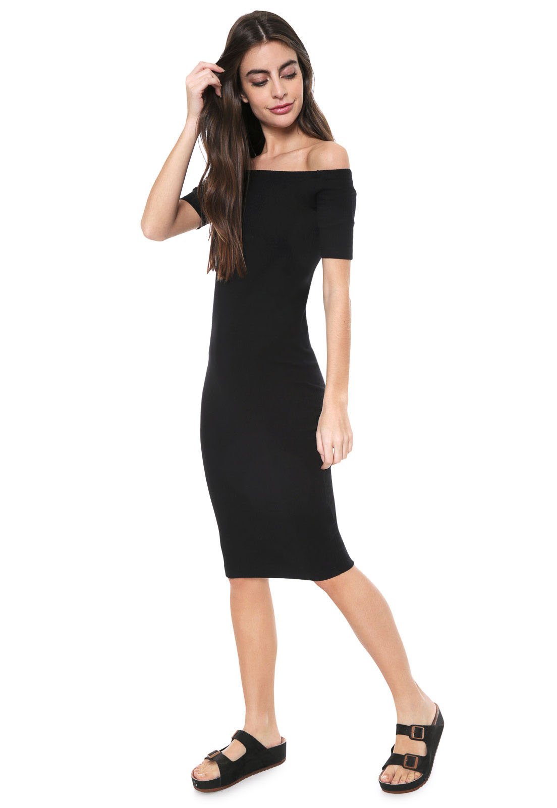 vestido midi preto ombro a ombro