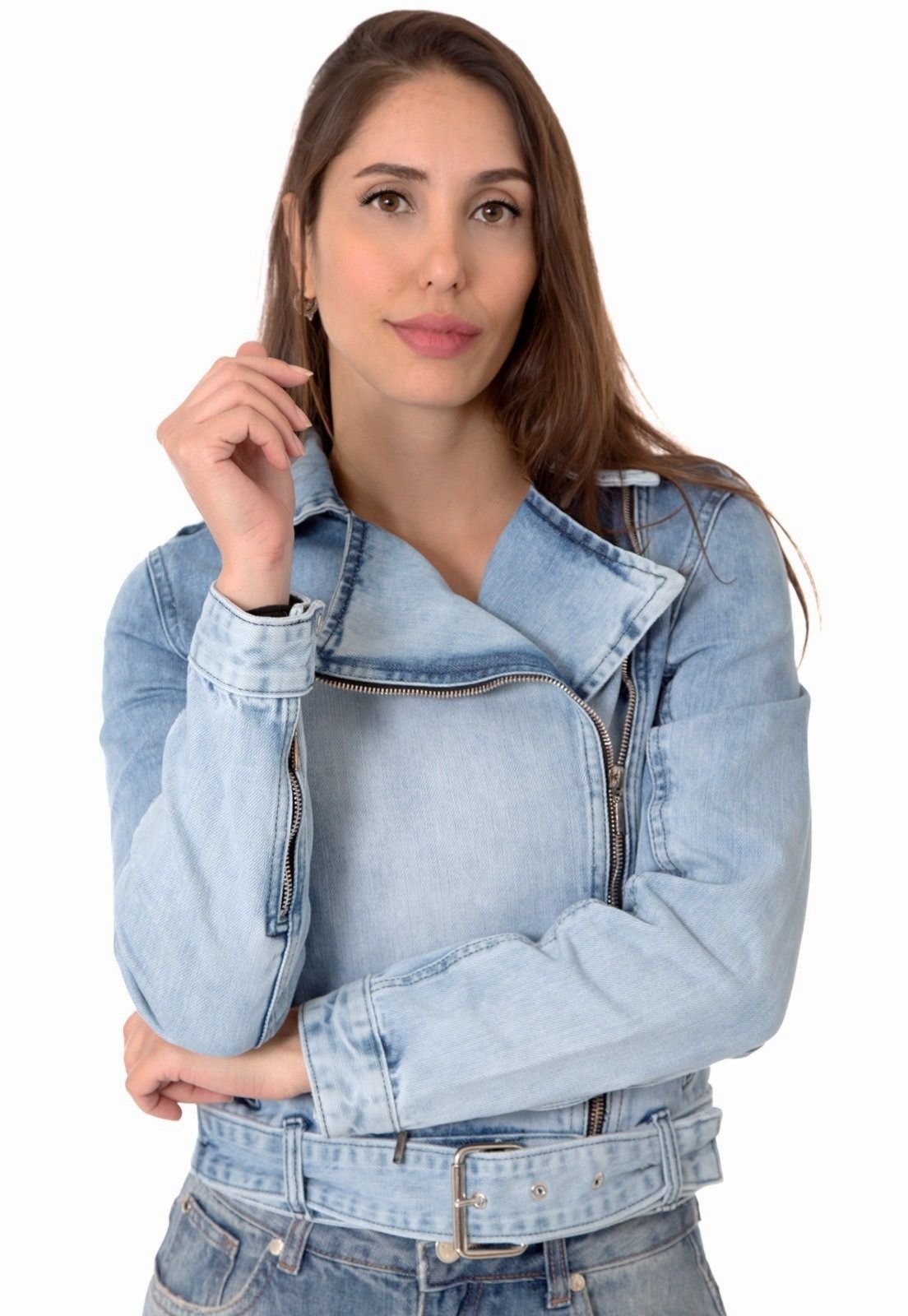 Fashion jaqueta jeans feminina azul claro