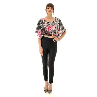 Top Cropped Opera Rock Gloss Estampado Floral Preto Menor preço em Top Cropped Opera Rock Gloss Estampado Floral Preto
