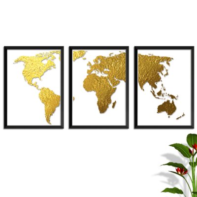 Conjunto Kit 3 Quadro Oppen House s Mapa Mundi Golden Dourado Moldura e Vidro Menor preço em Conjunto Kit 3 Quadro Oppen House s Mapa Mundi Golden Dourado Moldura e Vidro