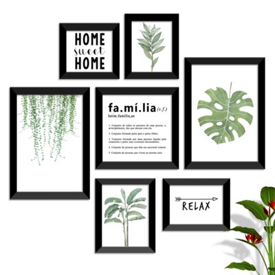 Conjunto Kit 7 Quadro Oppen House s Frases Reflexão Home Sueet Folhagem Família Moldura Preta e Vidro é boa?