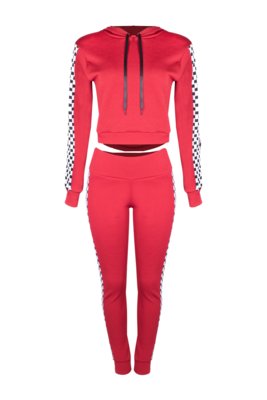 Conjunto Outlet Dri Crepe Top Manga Longa Capuz Cordão Calça Detalhe Lateral Vermelho Menor preço em Conjunto Outlet Dri Crepe Top Manga Longa Capuz Cordão Calça Detalhe Lateral Vermelho