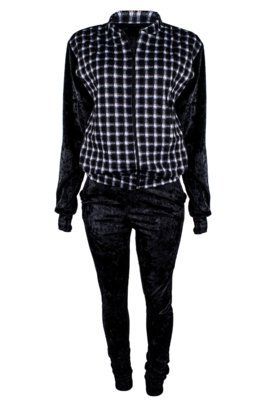 Conjunto Outlet Dri Jaqueta Bomber Estampada Calça Veludo Justa Estampa Quadriculada Preta Menor preço em Conjunto Outlet Dri Jaqueta Bomber Estampada Calça Veludo Justa Estampa Quadriculada Preta
