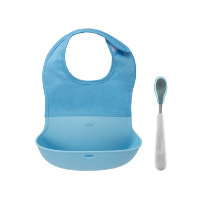 Conjunto De Babador OxoTot Com Bolsa De Silicone E Colher Com Ponta Azul Menor preço em Conjunto De Babador OxoTot Com Bolsa De Silicone E Colher Com Ponta Azul