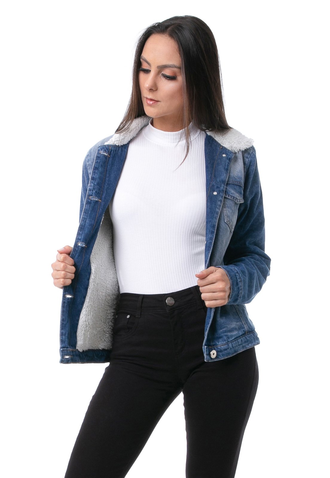 jaqueta jeans pelo feminina