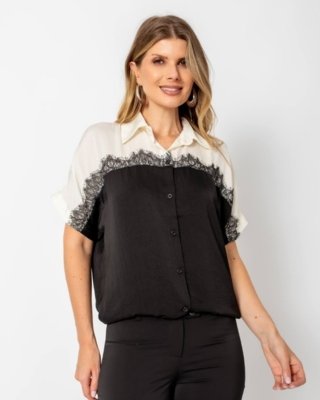 CAMISA ACETINADA COM RENDA CREME