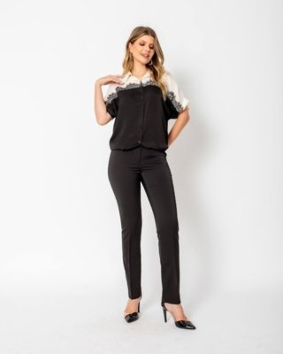 CAMISA ACETINADA COM RENDA CREME