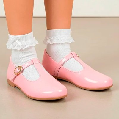 Kit Sapatilha Retrô Vintage Rosa e Meia Branca com Rendinha e Laço Perola Pepite