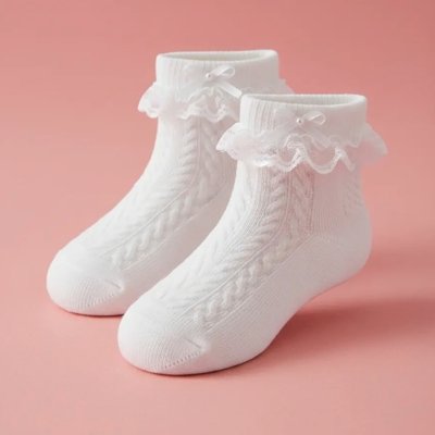 Kit Sapatilha Retrô Vintage Rosa e Meia Branca com Rendinha e Laço Perola Pepite