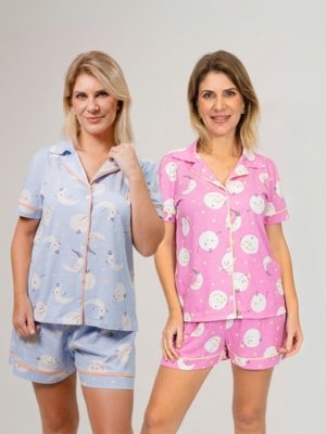 KIT Pijama Americano Curto Lua Azul + Pijama Americano Curto Lua Rosa