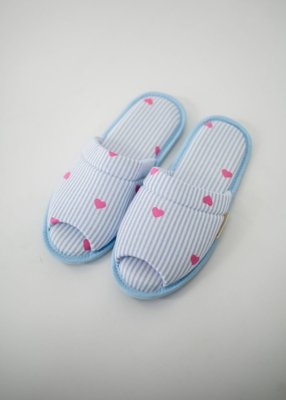 Pantufa Feminina - Listras Azuis Corações Rosa