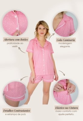 Pijama Algodão Piante Americano Manga Curta com Filete Poá Rosa