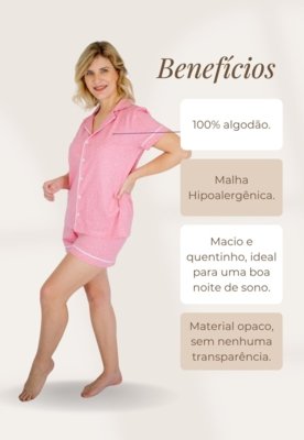 Pijama Algodão Piante Americano Manga Curta com Filete Poá Rosa