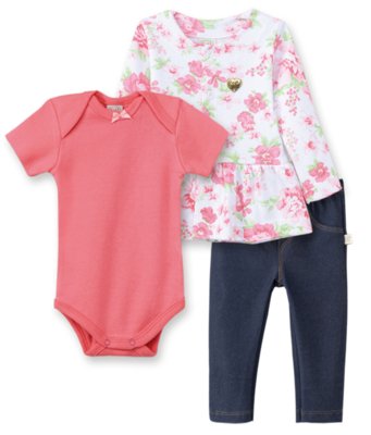 Conjunto Body manga curta, Calça Cotton Jeans e Casaco Pingo Lelê Goiaba Floral Menor preço em Conjunto Body manga curta, Calça Cotton Jeans e Casaco Pingo Lelê Goiaba Floral