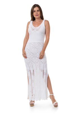 Vestido Pink Tricot Longo Fendas Branco Menor preço em Vestido Pink Tricot Longo Fendas Branco