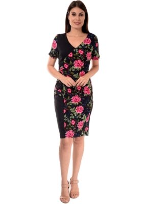 Vestido Pirony Midi Preto com Floral Preto com Detalhe Lateral Manga Curta Ref. 116613-1 Menor preço em Vestido Pirony Midi Preto com Floral Preto com Detalhe Lateral Manga Curta Ref. 116613-1