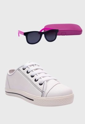 Kit Tênis Popstar Branco e Óculos de Sol Infantil Rosa