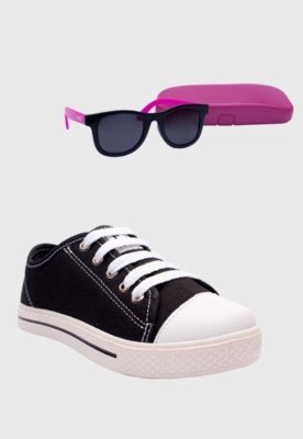 Kit Tenis Popstar Preto e Oculos de Sol Infantil Rosa