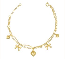 Pulseira Prata Mil Dupla Com Corações Duplos E Laços Dourado Menor preço em Pulseira Prata Mil Dupla Com Corações Duplos E Laços Dourado
