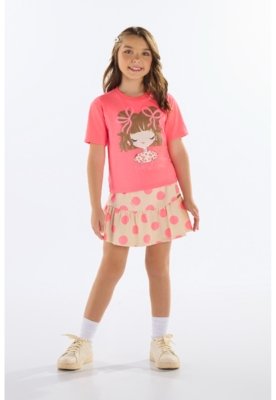 Conjunto com Blusa e Saia de Bolinhas Quimby Rosa