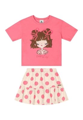Conjunto com Blusa e Saia de Bolinhas Quimby Rosa