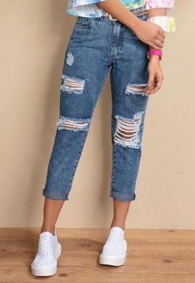 CalÃ§a Com Rasgados E Bolsos Azul Quintess