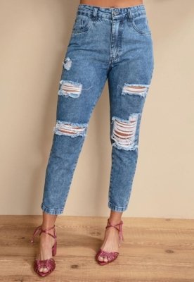 CalÃ§a Com Rasgados E Bolsos Azul Quintess