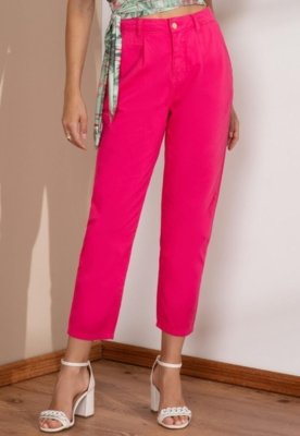 CalÃ§a Reta Com Pregas E Bolsos Rosa Quintess