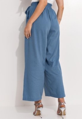 Calça  Em Linho Azul Quintess