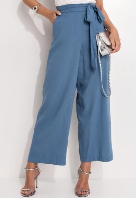 Calça  Em Linho Azul Quintess