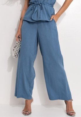 Calça  Em Linho Azul Quintess