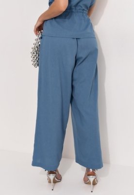 Calça  Em Linho Azul Quintess