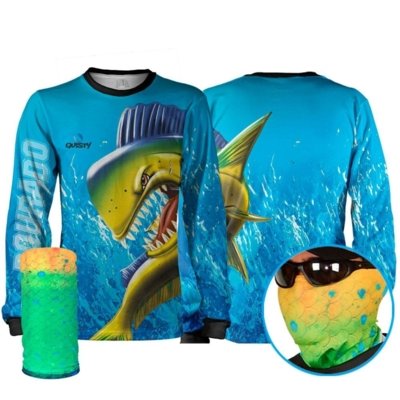 Combo Pesca Quisty Dourado do Mar Dryfit Camisa Máscara Azul Menor preço em Combo Pesca Quisty Dourado do Mar Dryfit Camisa Máscara Azul