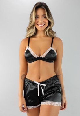 Baby Doll Cetim RB Moda Pijama Preto Menor preço em Baby Doll Cetim RB Moda Pijama Preto