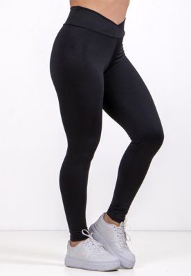 Calça Legging RLC Modas Cós Alta Transversada em V Básica Suplex Academia Fitness Preto