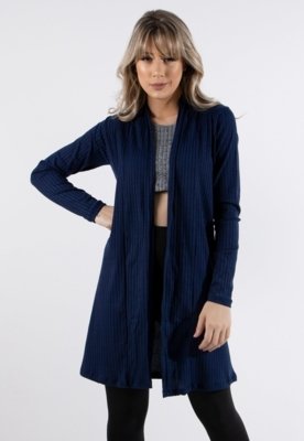 Cardigan Kimono Liso Canelado Manga Comprida Casaco Moda RLC Modas Azul