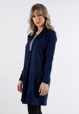 Cardigan Kimono Liso Canelado Manga Comprida Casaco Moda RLC Modas Azul
