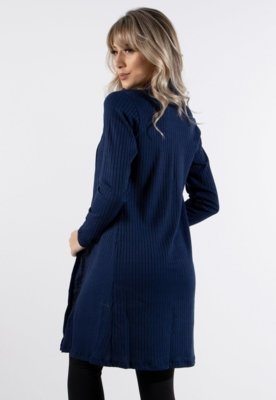 Cardigan Kimono Liso Canelado Manga Comprida Casaco Moda RLC Modas Azul
