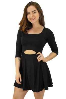 Vestido Racy Modas Manga Midi com Detalhe na Cintura e Saia Godê Preto Menor preço em Vestido Racy Modas Manga Midi com Detalhe na Cintura e Saia Godê Preto