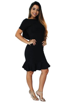 Vestido Racy Modas Semi Midi Peplum Costas Nua com Babado Preto Menor preço em Vestido Racy Modas Semi Midi Peplum Costas Nua com Babado Preto