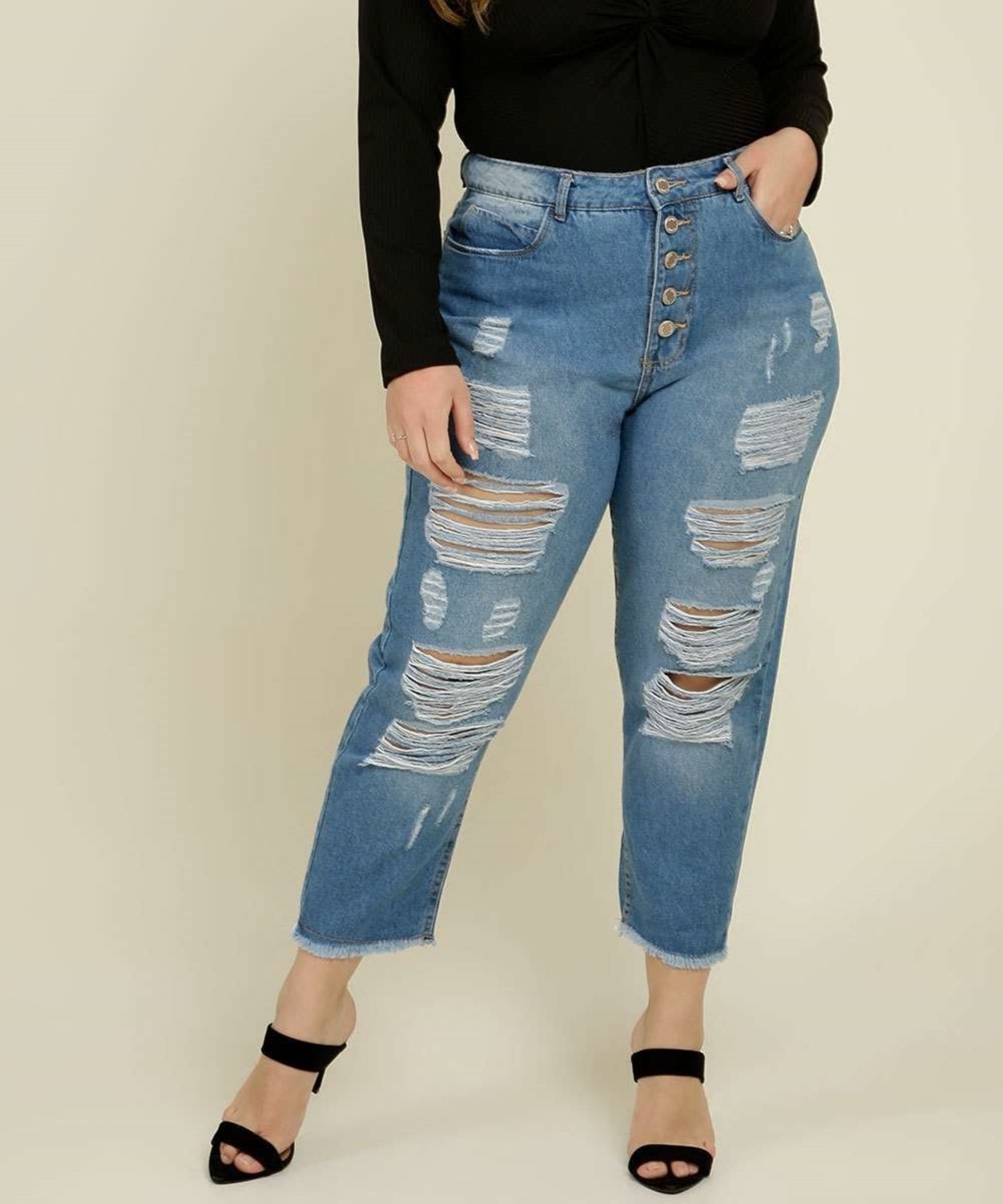Calça Plus Size Feminina Mom Jeans Destroyed Razon - Compre Agora