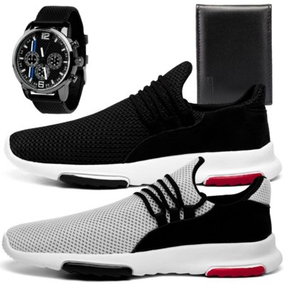 Menor preço em Kit 2 Tênis Sneaker Masculino Caminhada Leve Esportivo Preto e Branco Com Relógio e Carteira