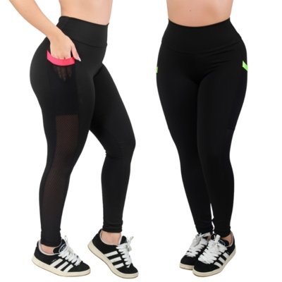 Kit 2 Calça Legging Com Bolso Reflexo Íntimo Cintura Alta Bolso Rosa e Verde