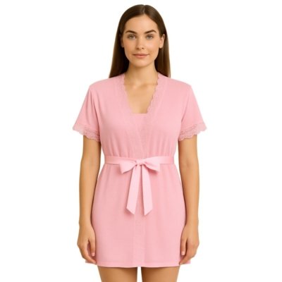 Robe Reflexo Intimo Manga Curta Kimono Rosa