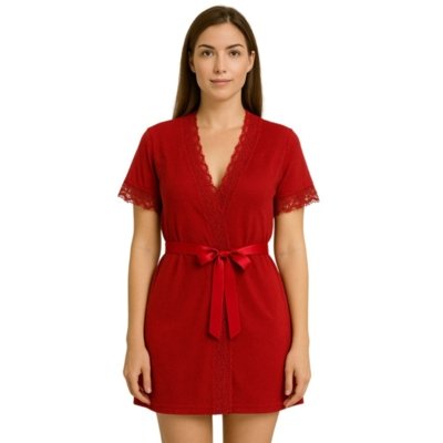 Robe Reflexo Intimo Manga Curta Kimono Vermelho