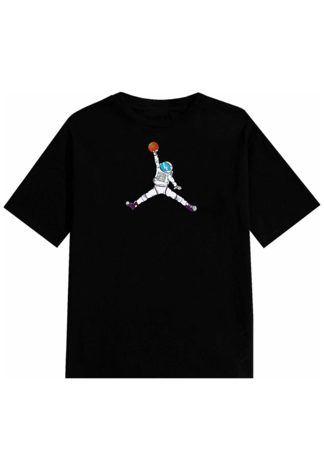 Camiseta Preta Manga Curta Relaxado T-shirt Estampada Astronauta Basketball