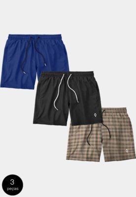 Kit 3 Shorts Bermudas Praia Liso Lisa Xadrez Masculino Tactel Básico ...